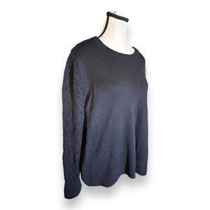 Women’s 1X Reitmans Pointelle Knit Crochet Sleeve Black Sweater 14 16
